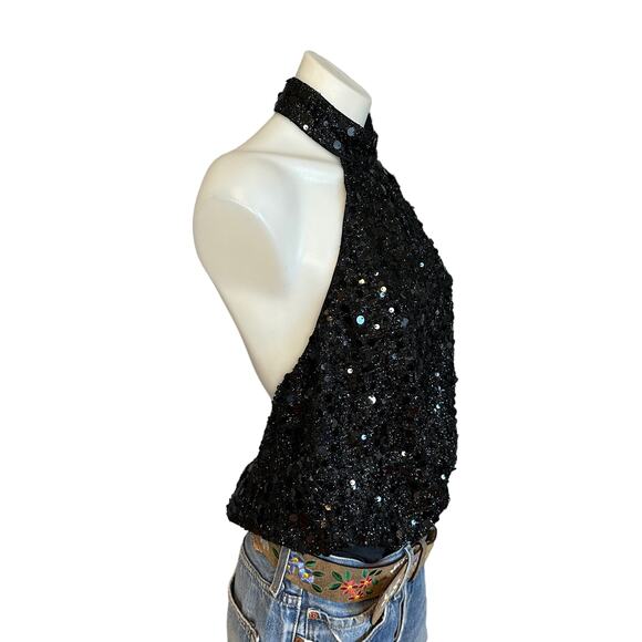 NBD Black Sequin Halter Top Bodysuit LARGE Cocktail Backless Revolve $148 NEW - Picture 2 of 6